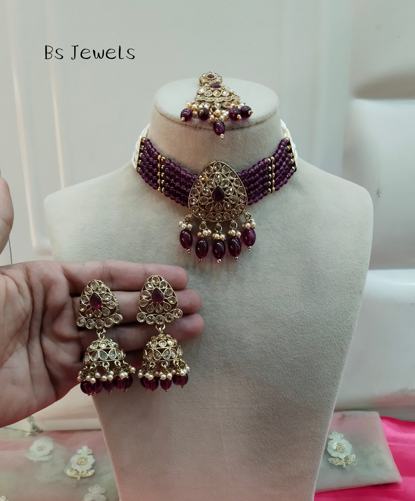 Purple Champagne Stone Jhumka Choker Jewellery Rasha Set