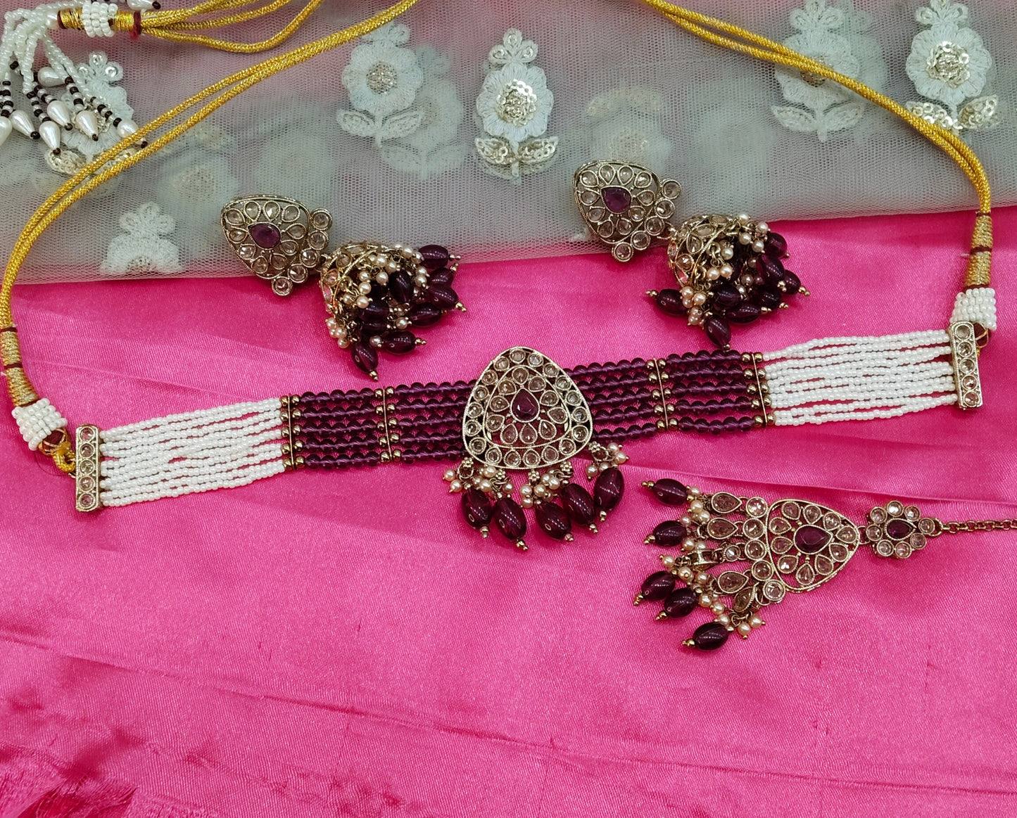 Purple Champagne Stone Jhumka Choker Jewellery Rasha Set