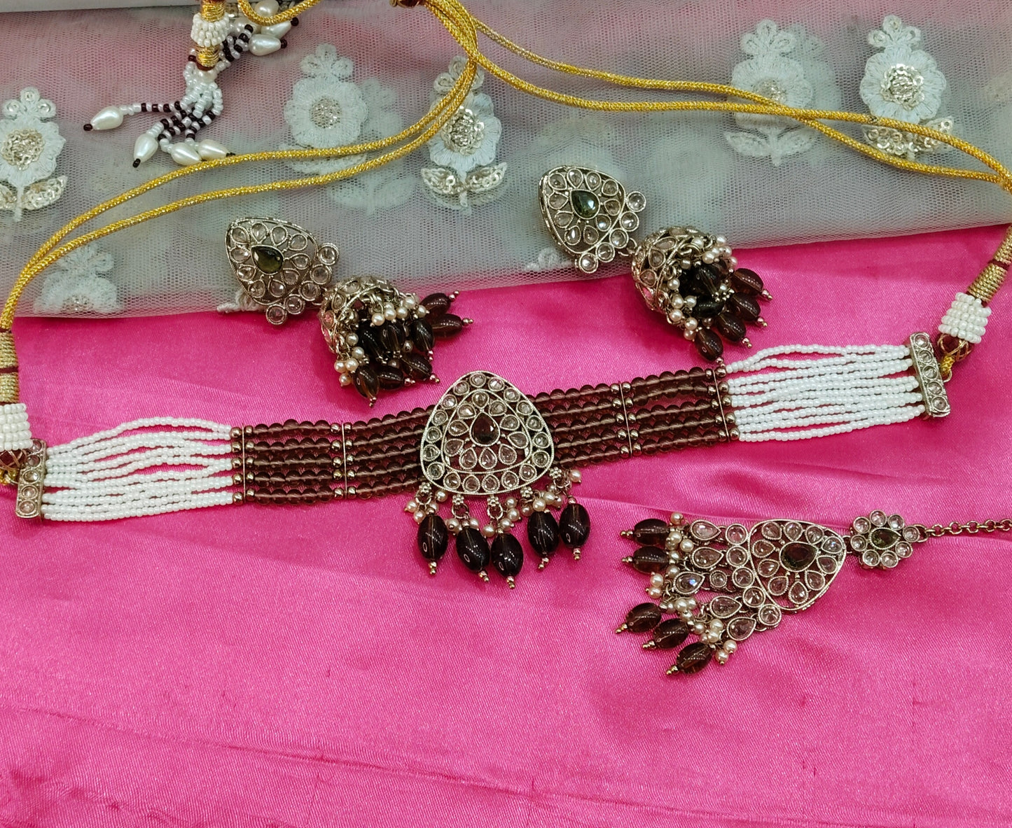Mehndi Champagne Stone Jhumka Choker Jewellery Rasha Set