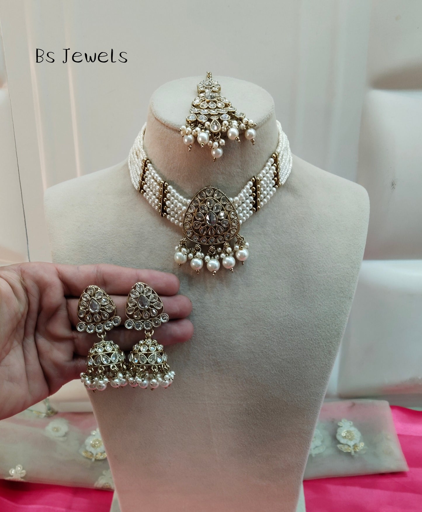 Antique White Champagne Stone Jhumka Choker Jewellery Rasha Set