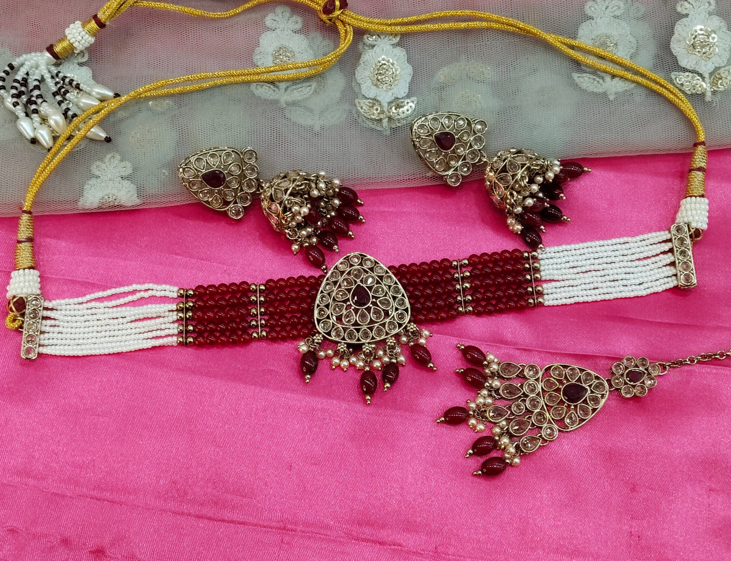 Maroon Champagne Stone Jhumka Choker Jewellery Rasha Set