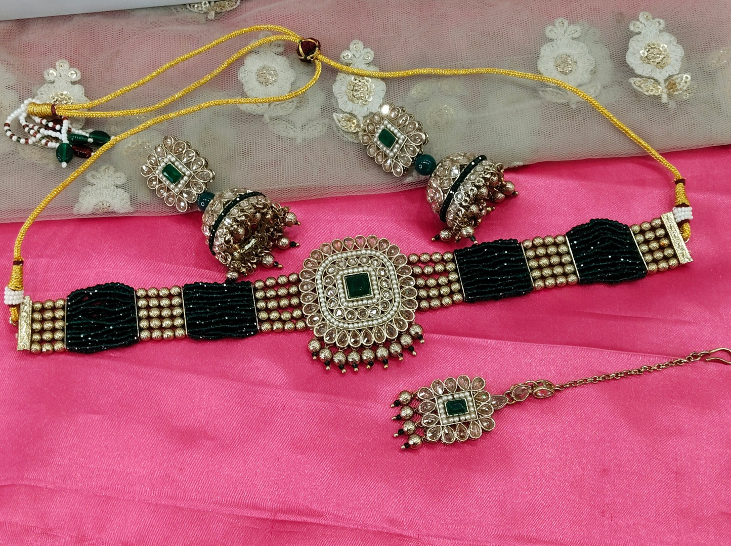 Green Champagne Stone Jhumka Choker Jewellery Chini Set
