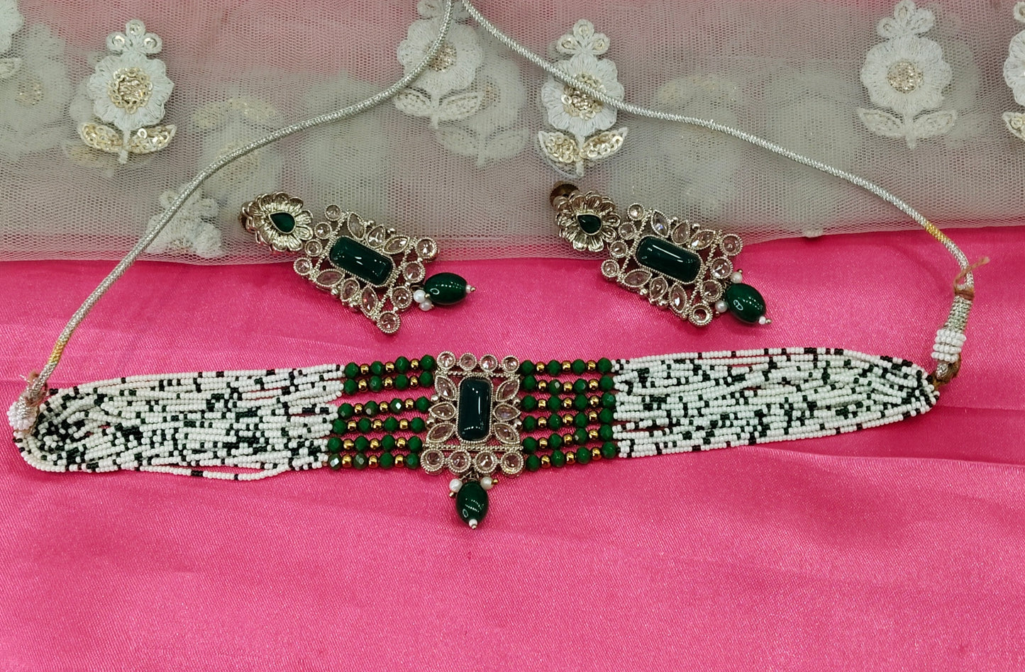 Green Champagne Stone Choker Jewellery Narayan Set