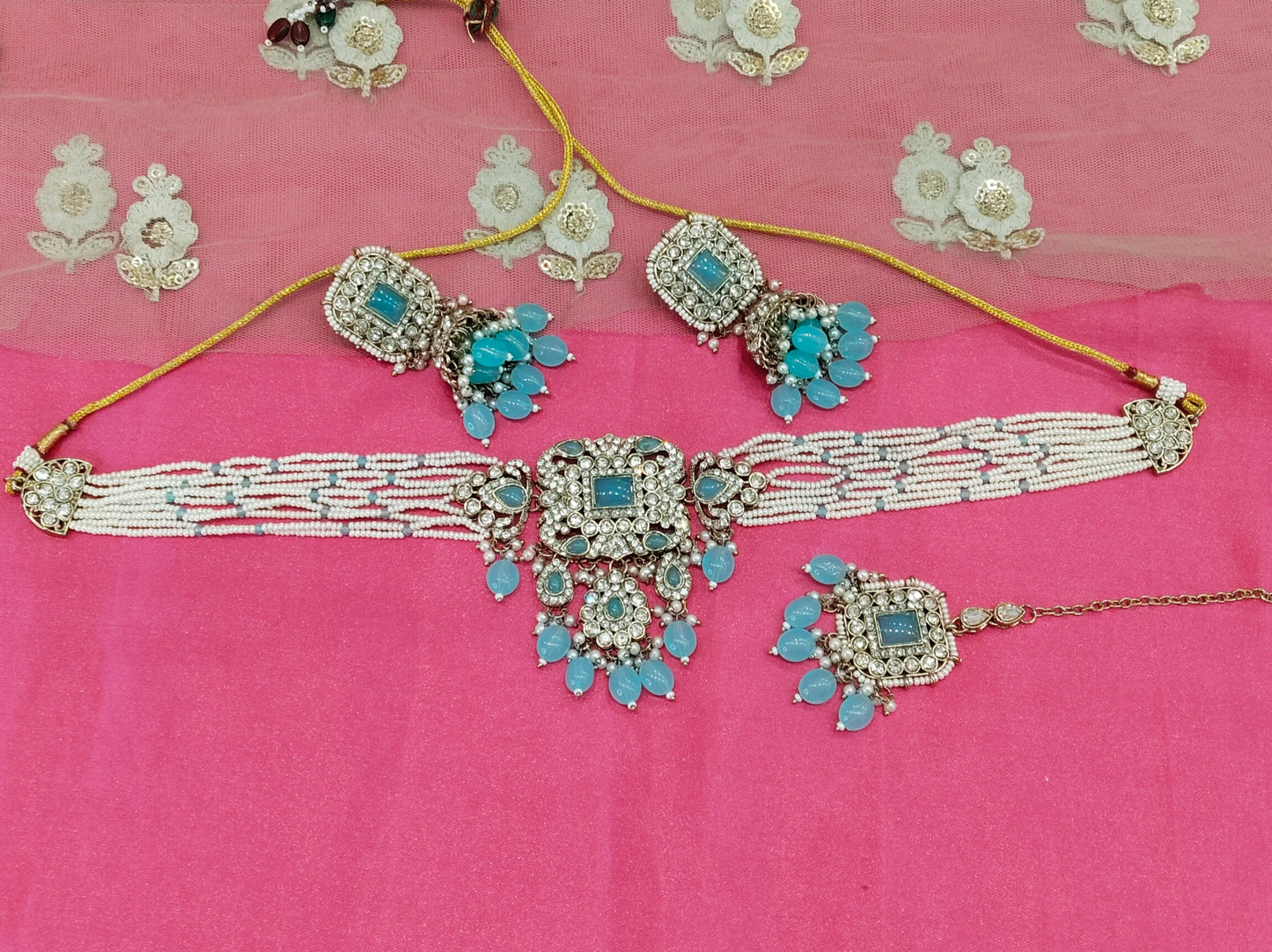 Sky Blue Choker Jhumka Jewellery Simi Set