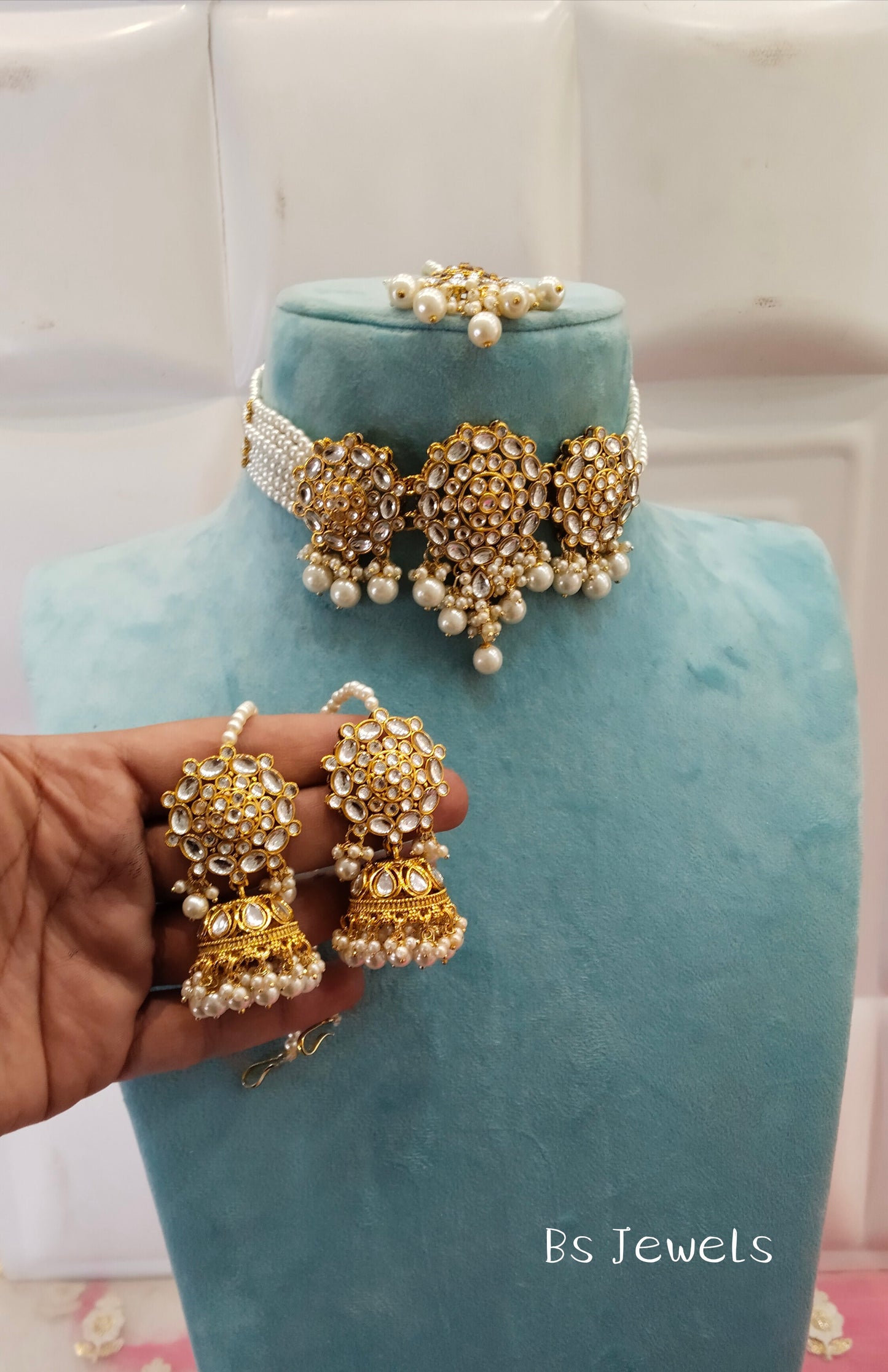 Gold White Jhumka Kundan Choker Jewellery Most Set