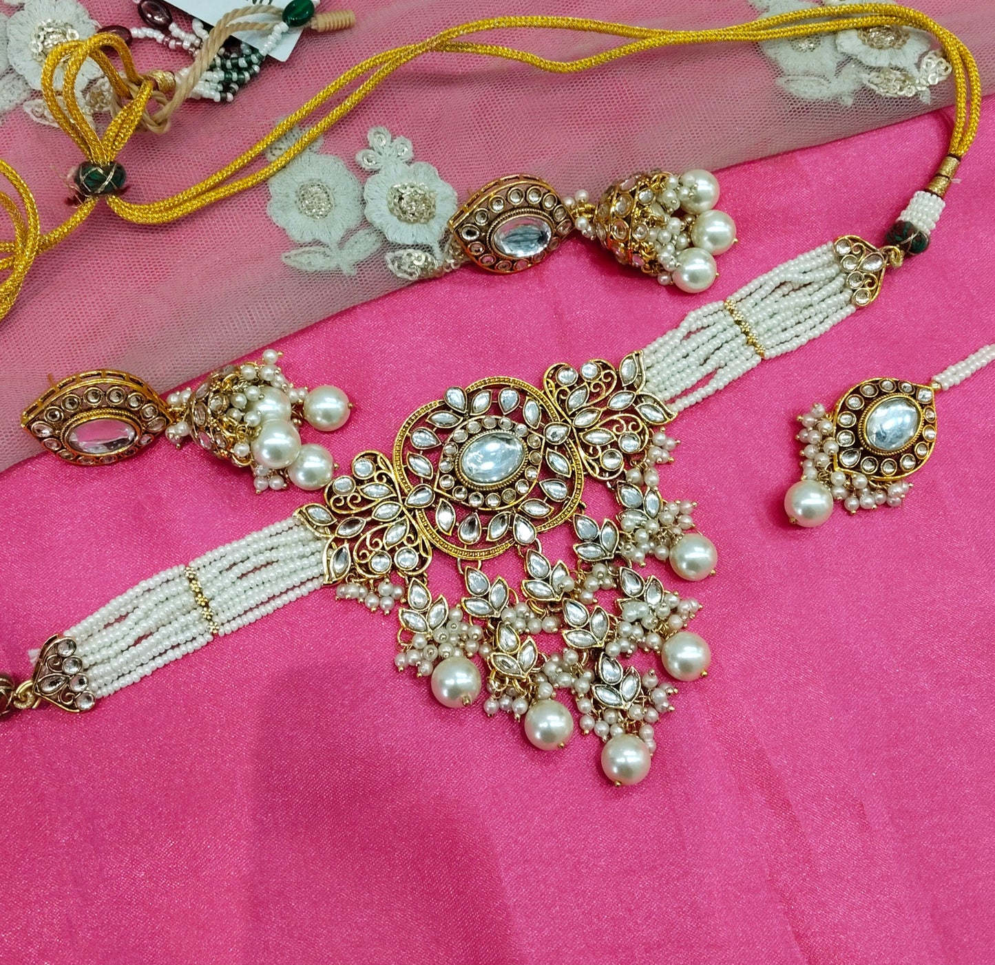Gold White Jhumka Kundan Choker Jewellery Arsh Set