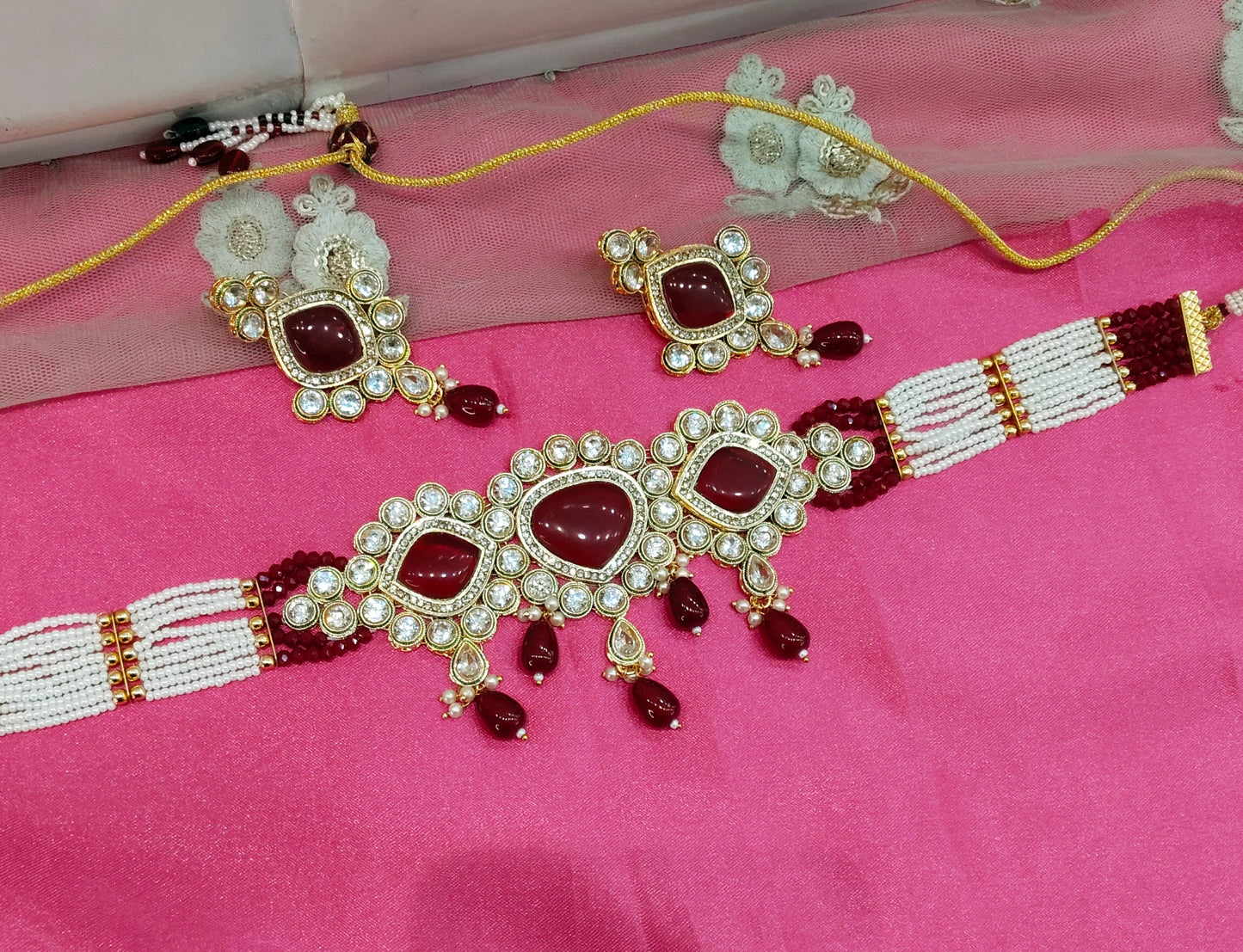 Maroon Kundan Choker Jewellery Swaziland Set
