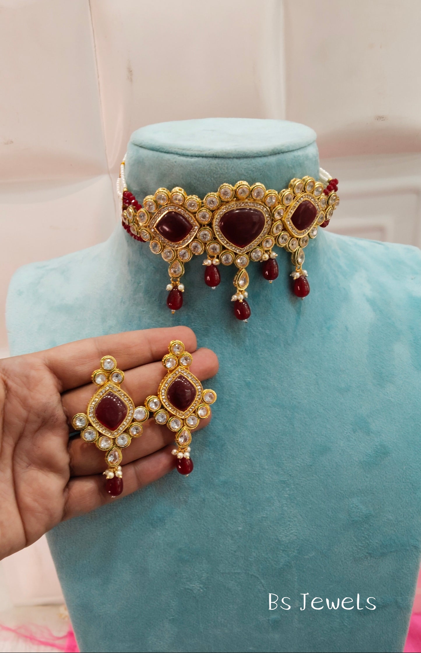 Maroon Kundan Choker Jewellery Swaziland Set