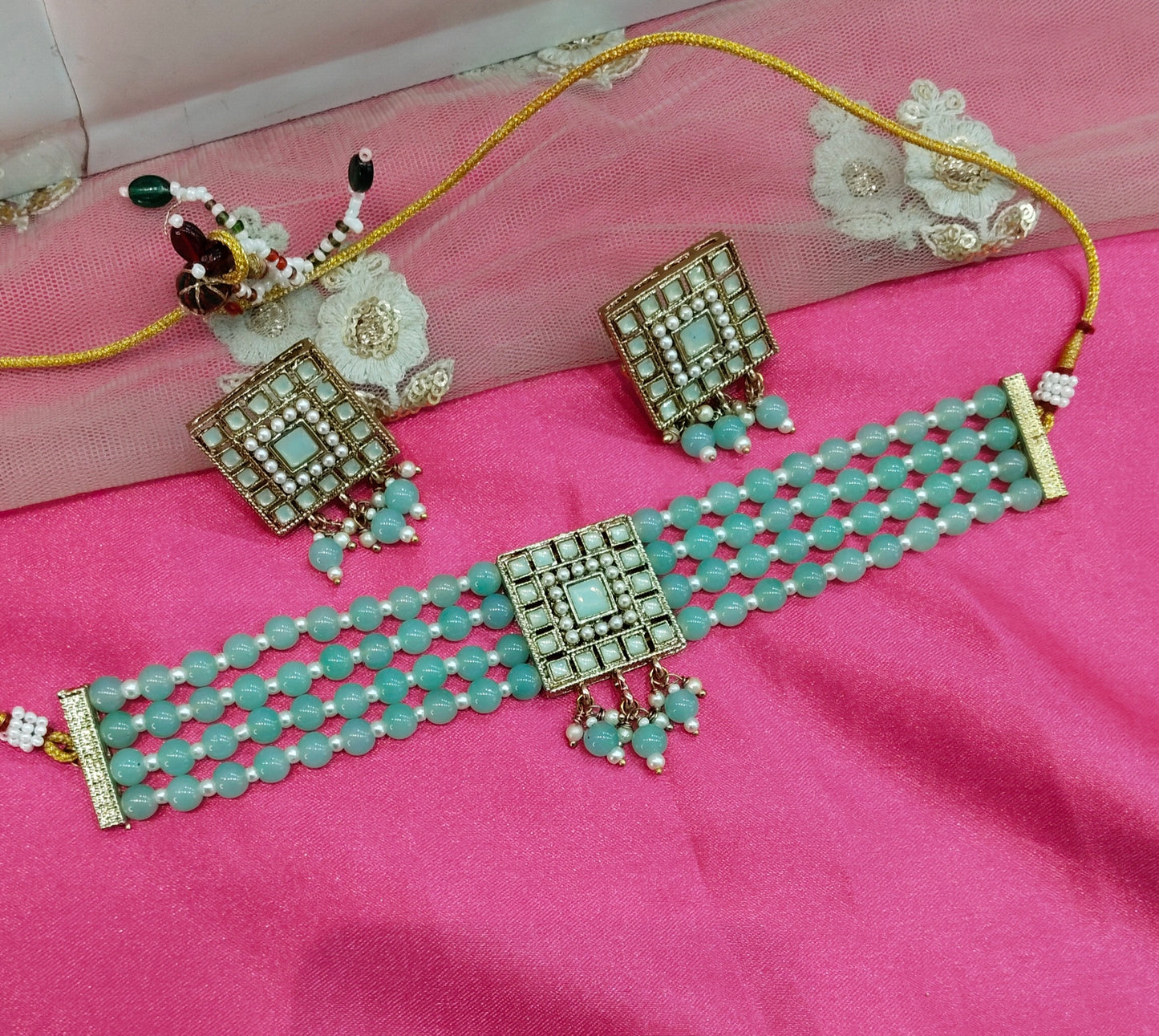 Pista Kundan Choker Jewellery Shingar Set