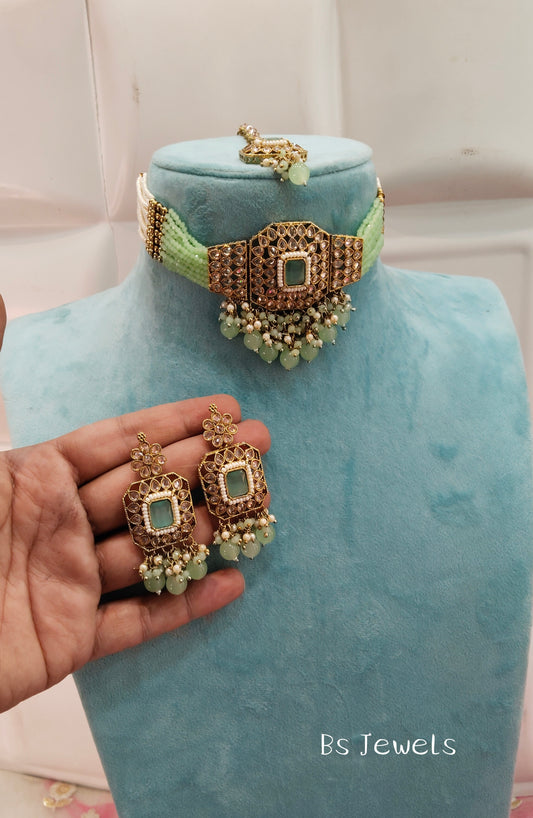 Pista Champagne Stone Choker Jewellery Chini Set