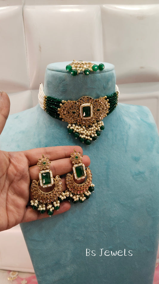 Green Champagne Stone Choker Jewellery Chini Set