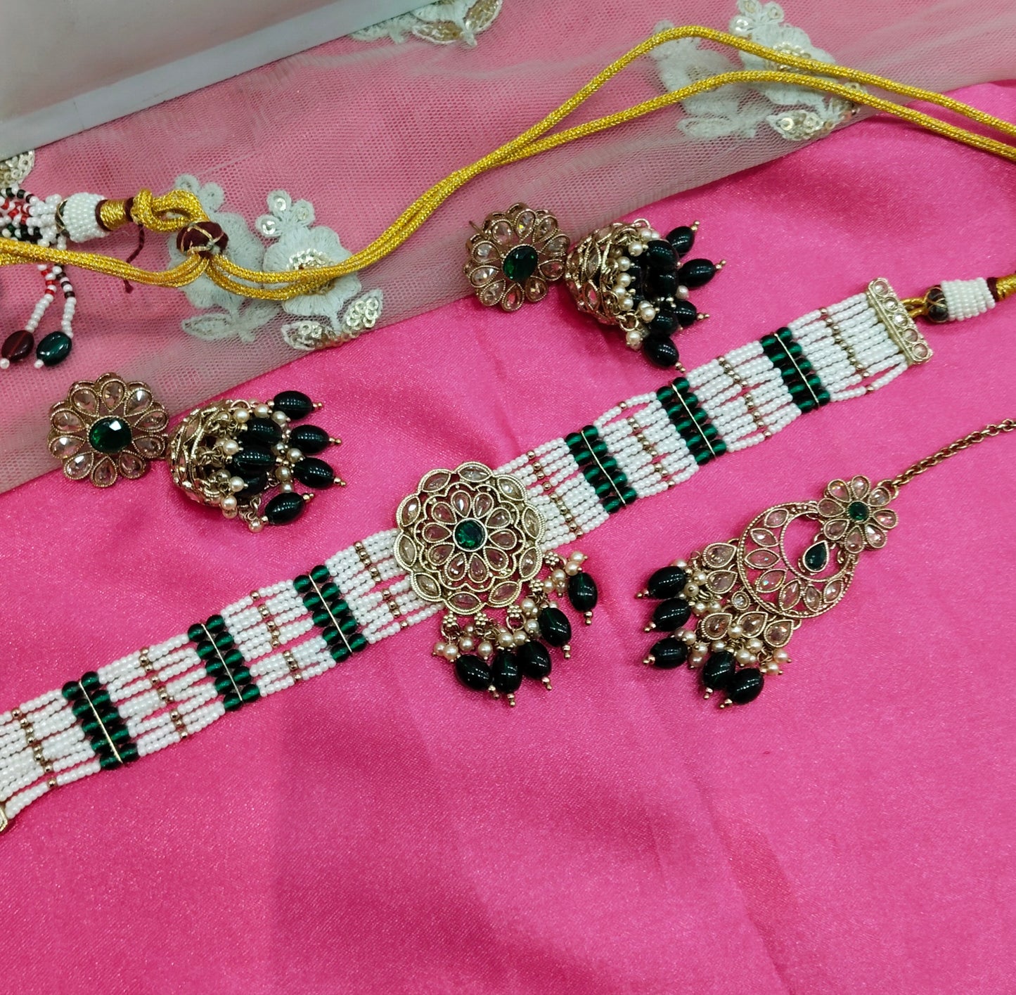 Green Champagne Stone Choker Jhumka Jewellery Simi Set