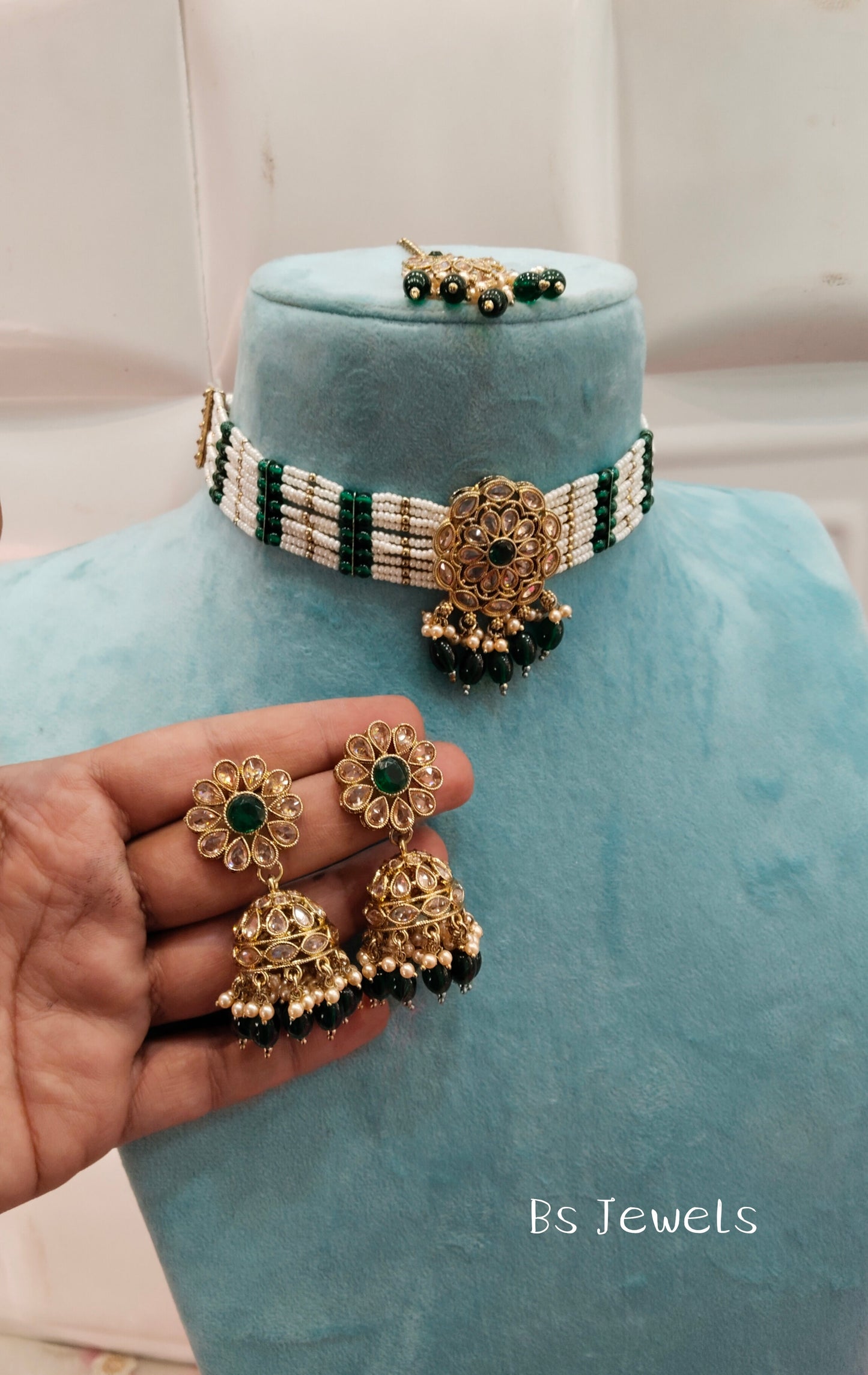 Green Champagne Stone Choker Jhumka Jewellery Simi Set