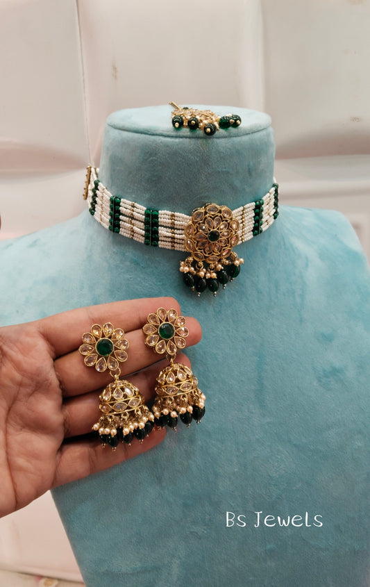 Green Champagne Stone Choker Jhumka Jewellery Simi Set