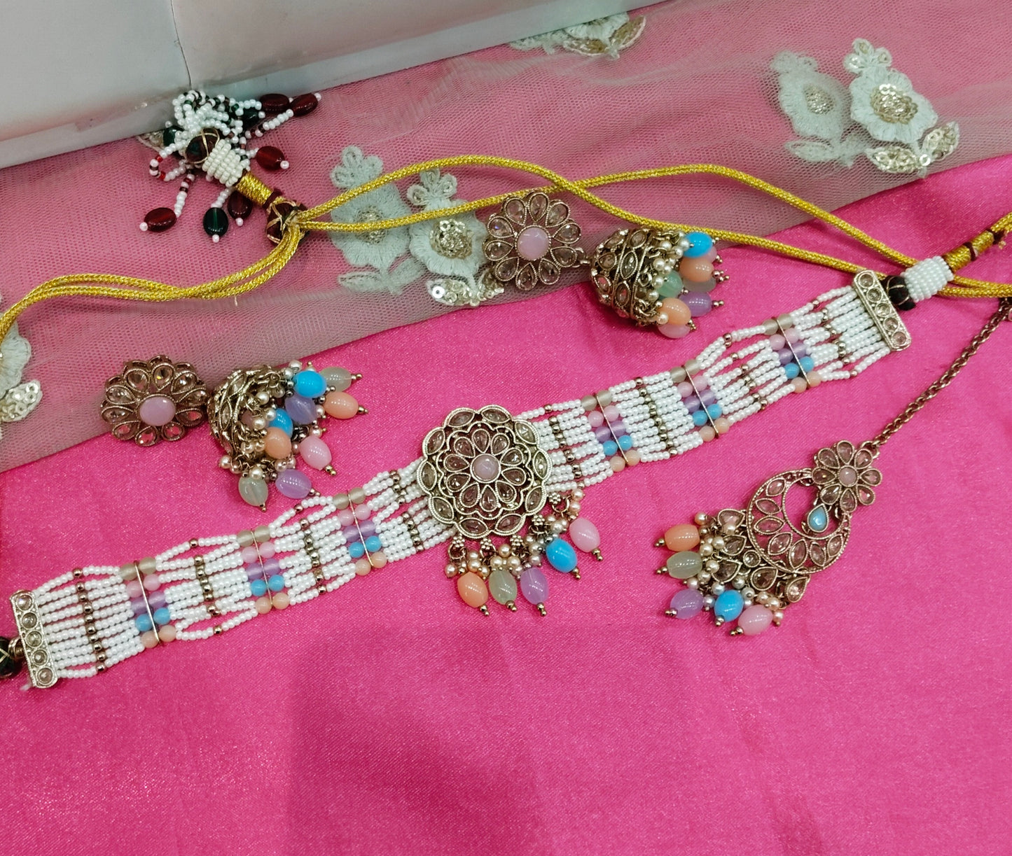 Multi Color Champagne Stone Choker Jhumka Jewellery Simi Set