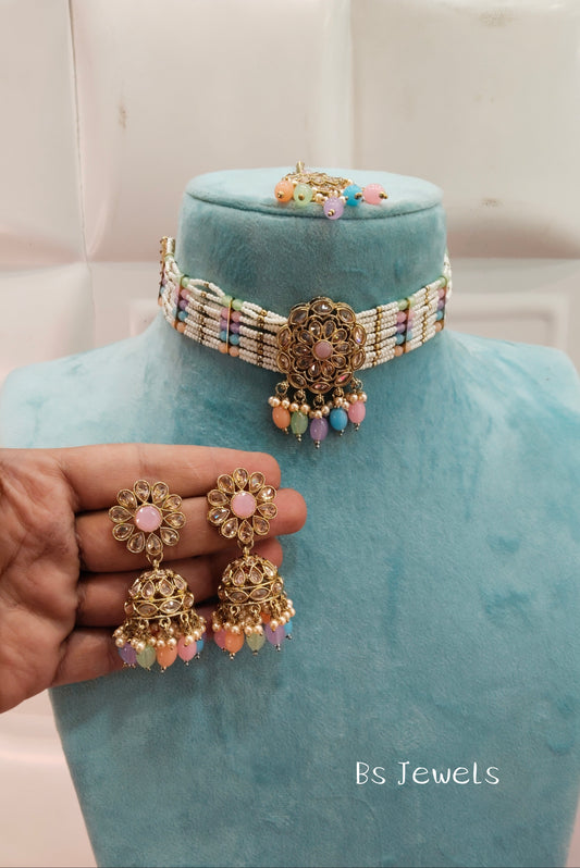 Multi Color Champagne Stone Choker Jhumka Jewellery Simi Set