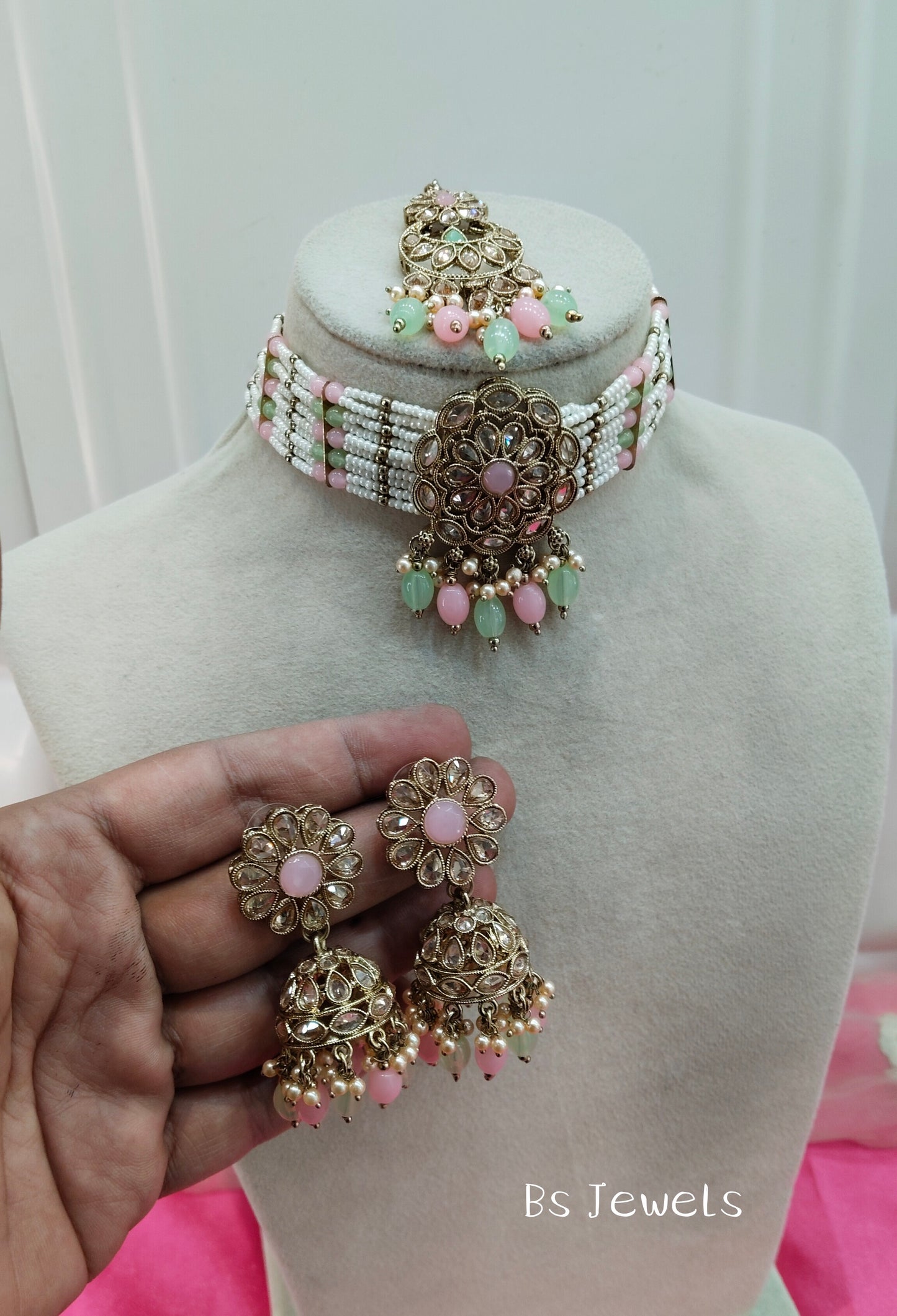 Pista Pink Champagne Stone Choker Jhumka Jewellery Simi Set