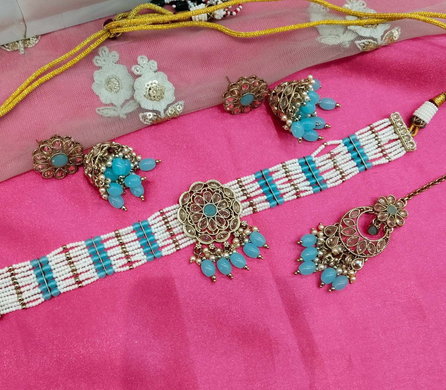 Firoja Champagne Stone Choker Jhumka Jewellery Simi Set