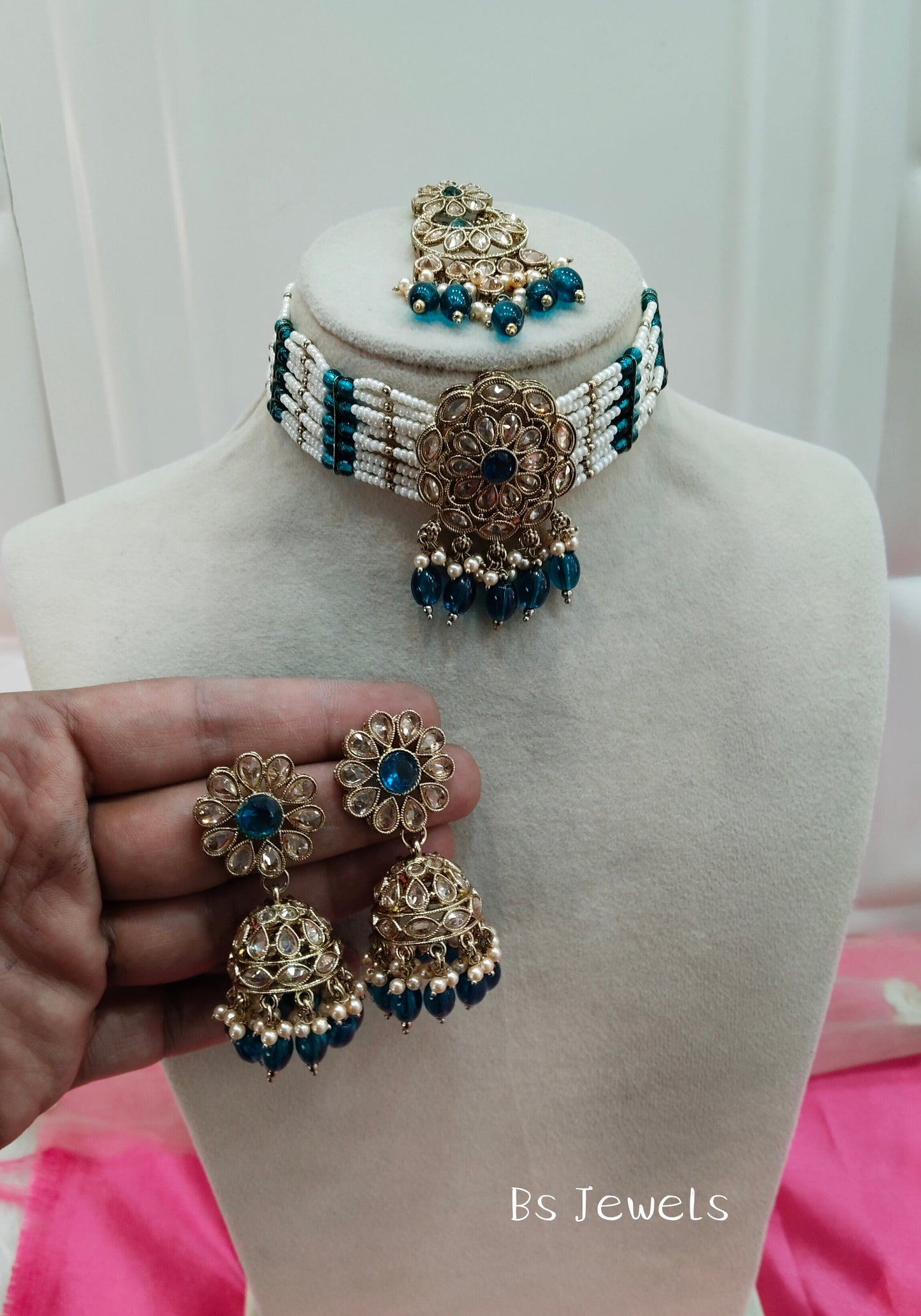 Rama Green Champagne Stone Choker Jhumka Jewellery Simi Set