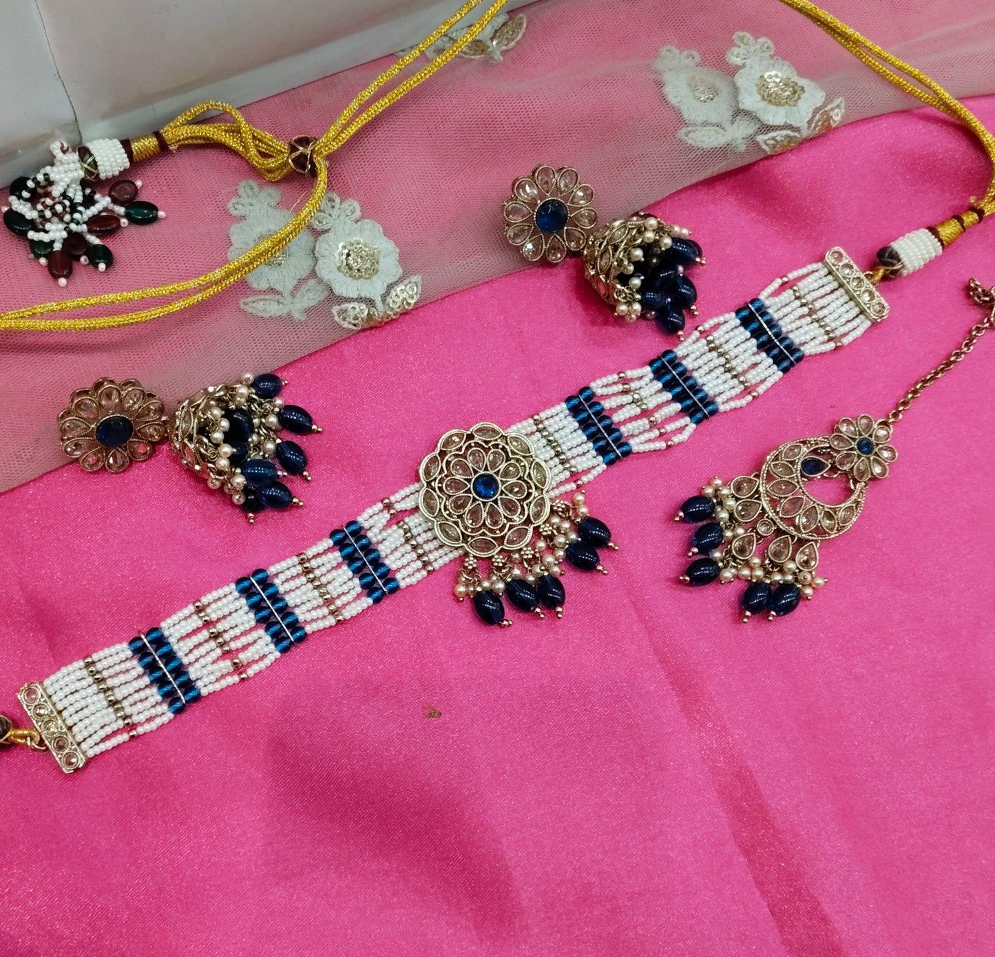 Blue Champagne Stone Choker Jhumka Jewellery Simi Set