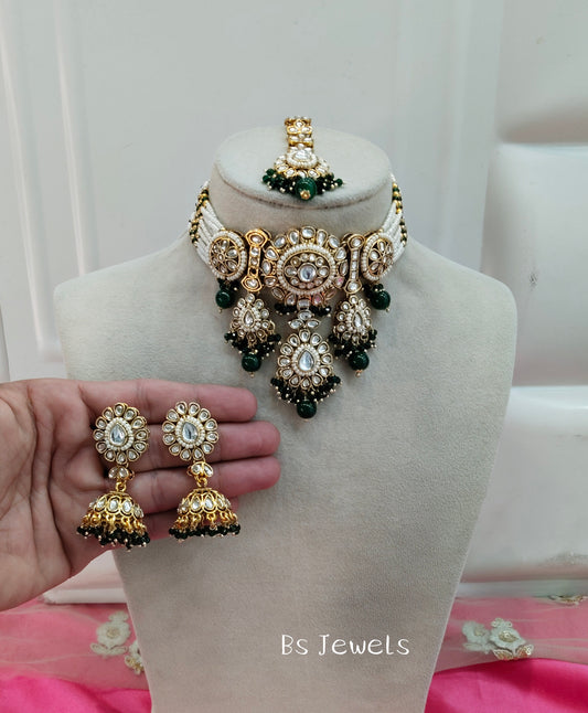 Green Kundan Choker Jewellery Jhumka Siya Set