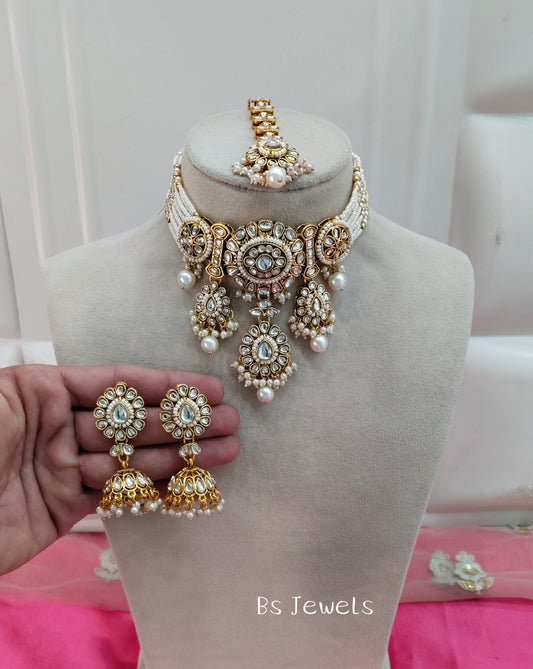 Gold white Kundan Choker Jewellery Jhumka Siya Set