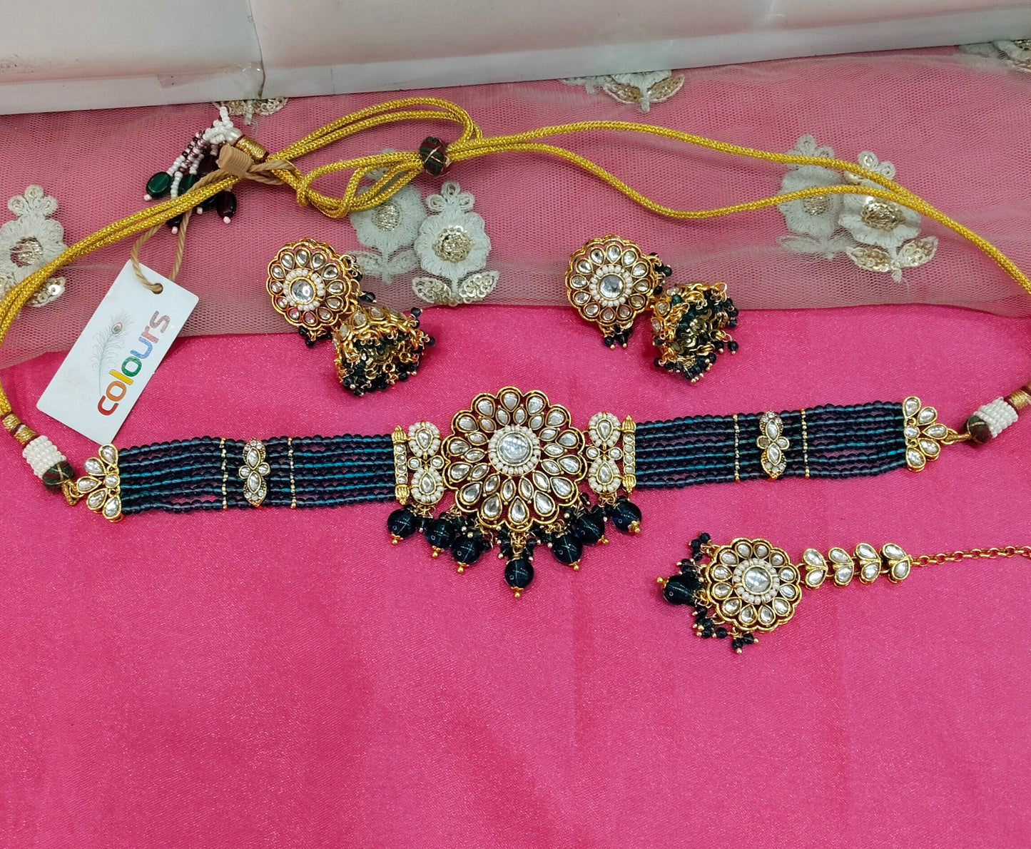 Rama Green Champgne Choker Jewellery Jhumka Setin Set