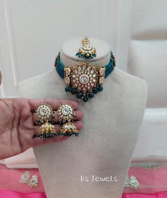 Blue Champgne Choker Jewellery Jhumka Setin Set