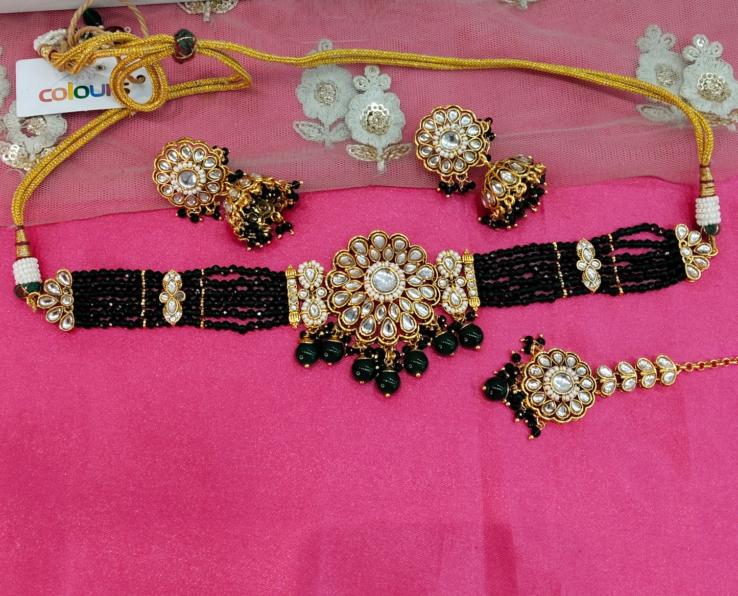 Green Champgne Choker Jewellery Jhumka Setin Set