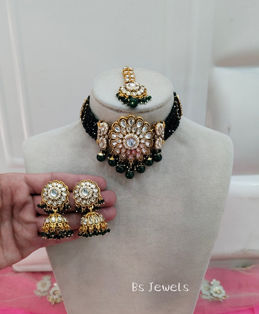 Green Champgne Choker Jewellery Jhumka Setin Set