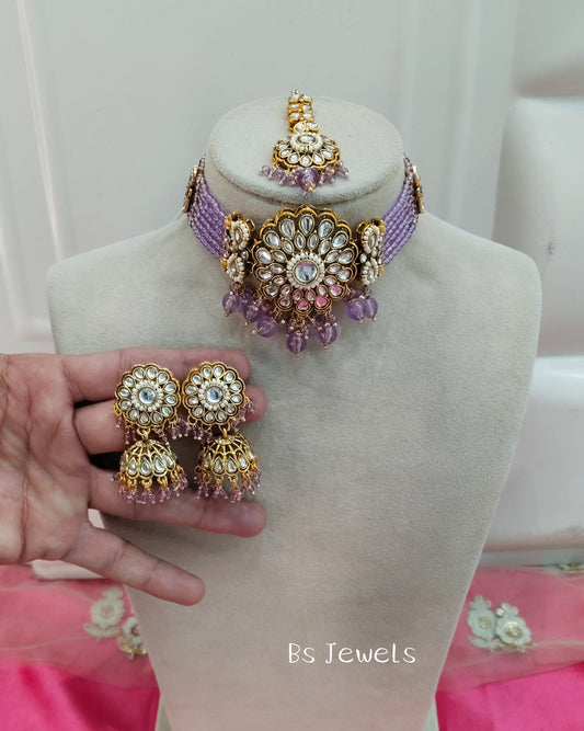 Lavender Champgne Choker Jewellery Jhumka Setin Set