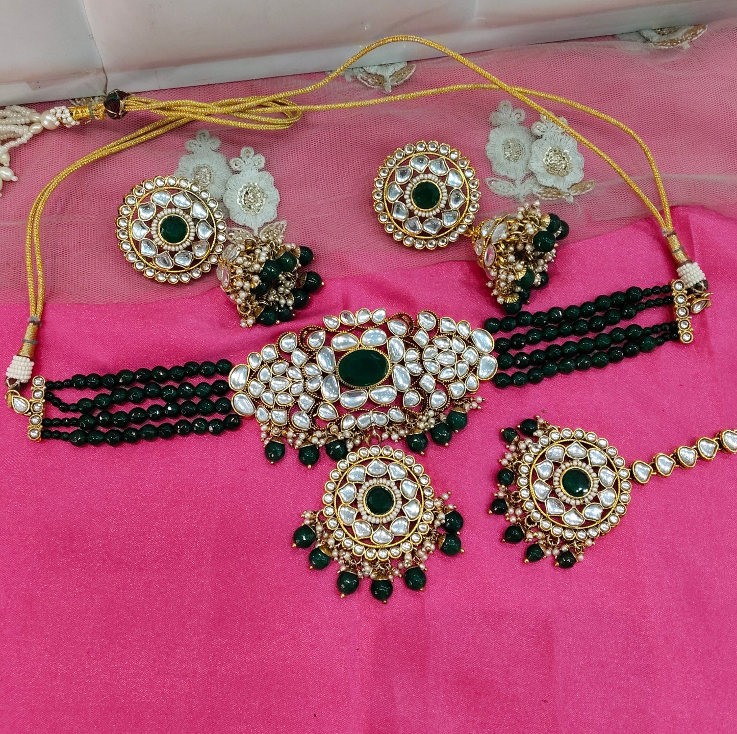 Green Kundan Choker Jewellery Jhumka Many Set
