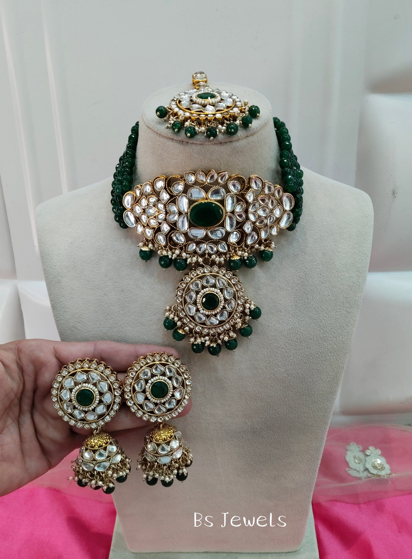 Green Kundan Choker Jewellery Jhumka Many Set