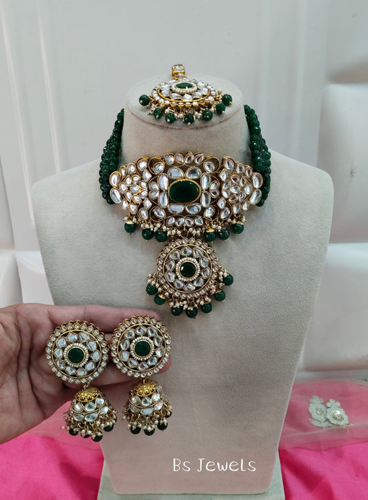 Green Kundan Choker Jewellery Jhumka Many Set