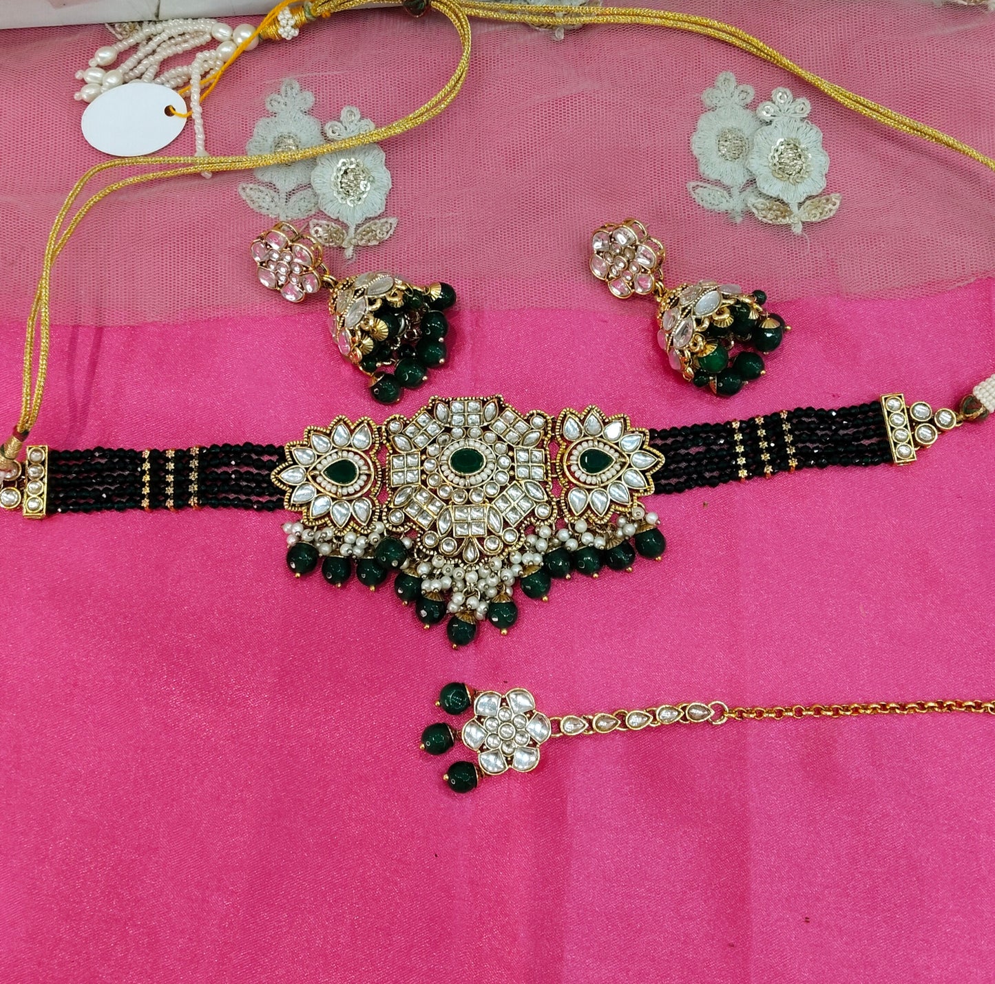 Green Kundan Choker Jhumka Jewellery  Nisi Set