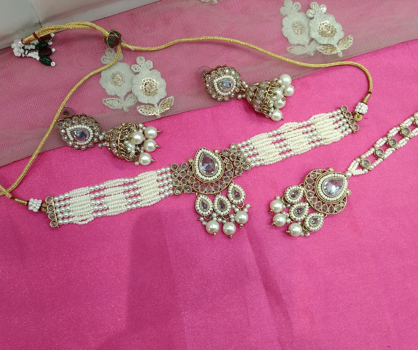 White Champagne Stone Choker Jhumka Jewellery Alan Set