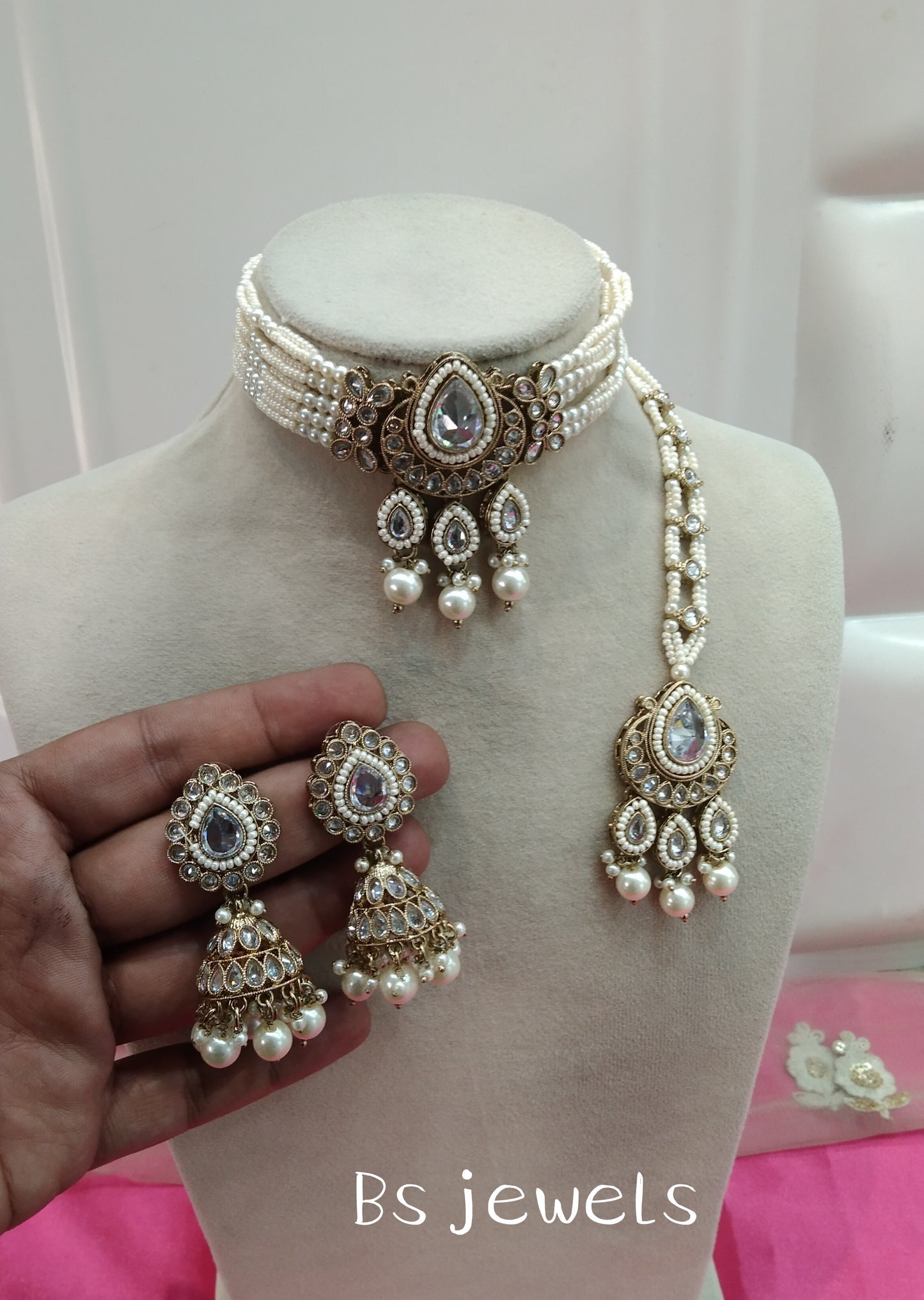 White Champagne Stone Choker Jhumka Jewellery Alan Set