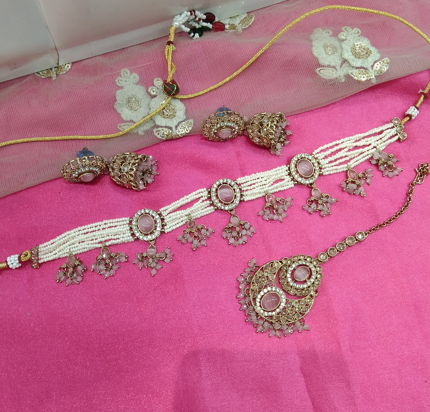 Pink Champagne Stone Choker Jhumka Jewellery Juliet Set