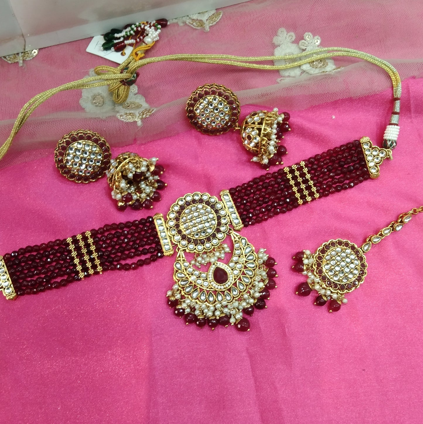 Marron Kundan Choker Jhumka Jewellery Find Rank Set