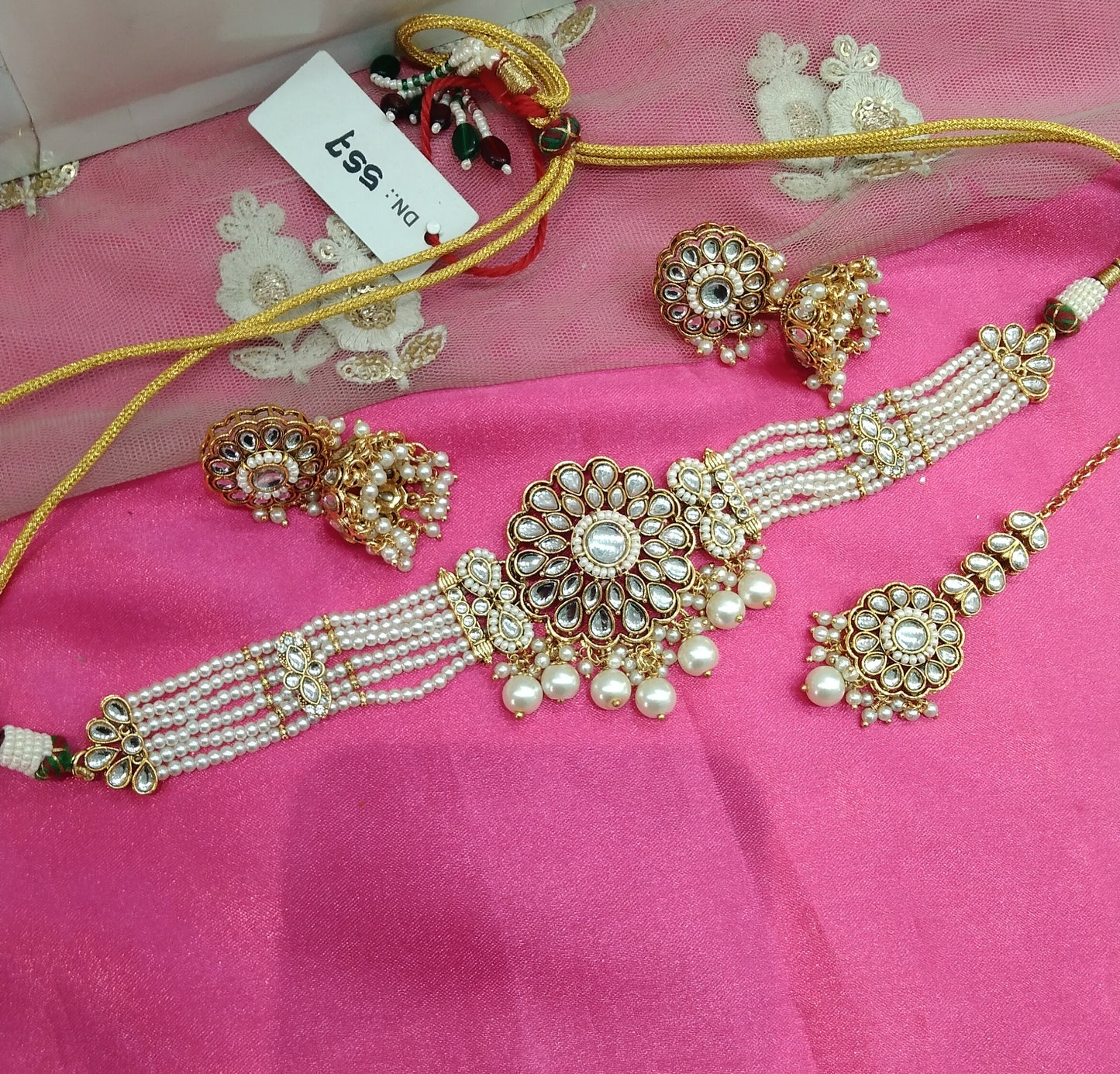 Gold White Kundan Choker Jhumka Jewellery Setin Set