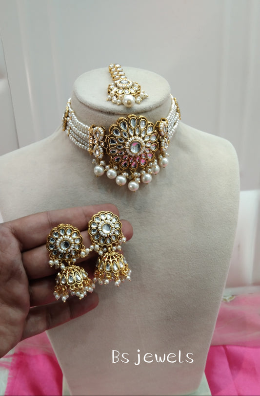 Gold White Kundan Choker Jhumka Jewellery Setin Set