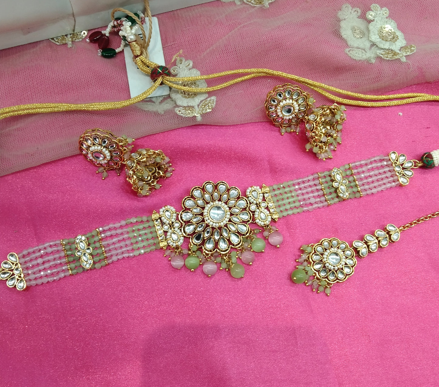 Pista Pink Kundan Choker Jhumka Jewellery Setin Set