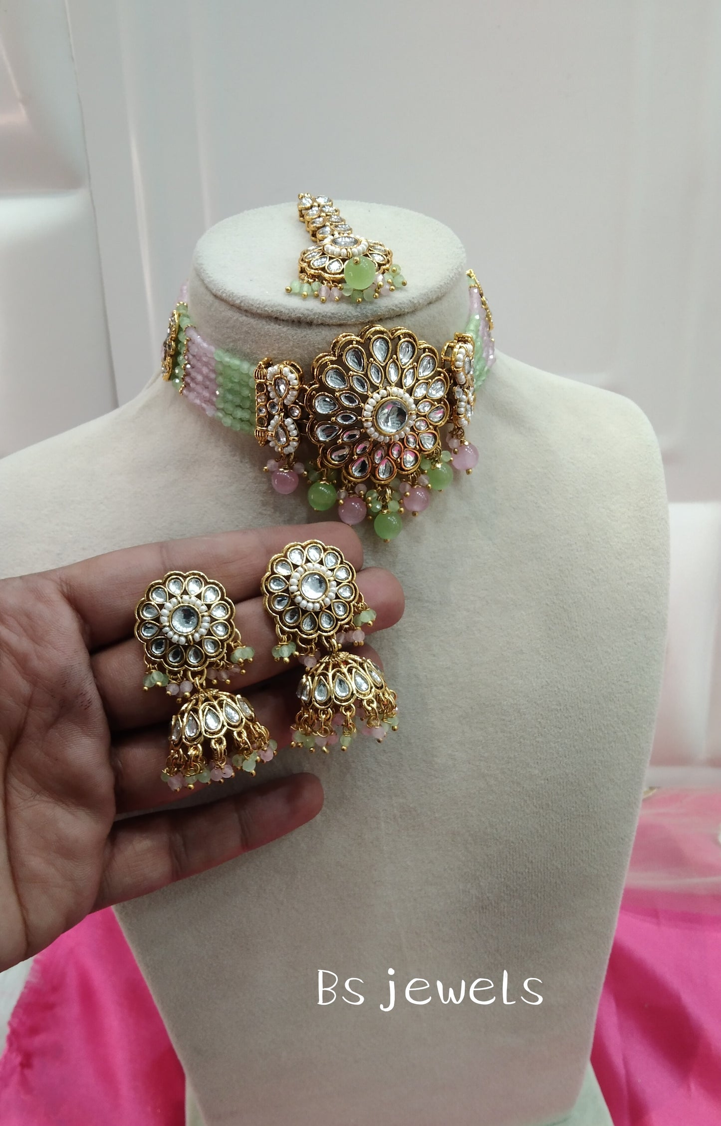 Pista Pink Kundan Choker Jhumka Jewellery Setin Set