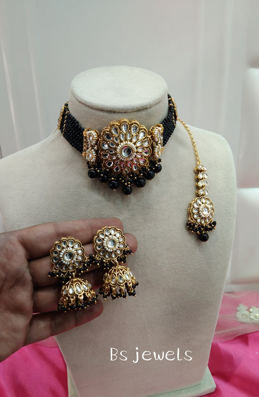 Black Kundan Choker Jhumka Jewellery Setin Set