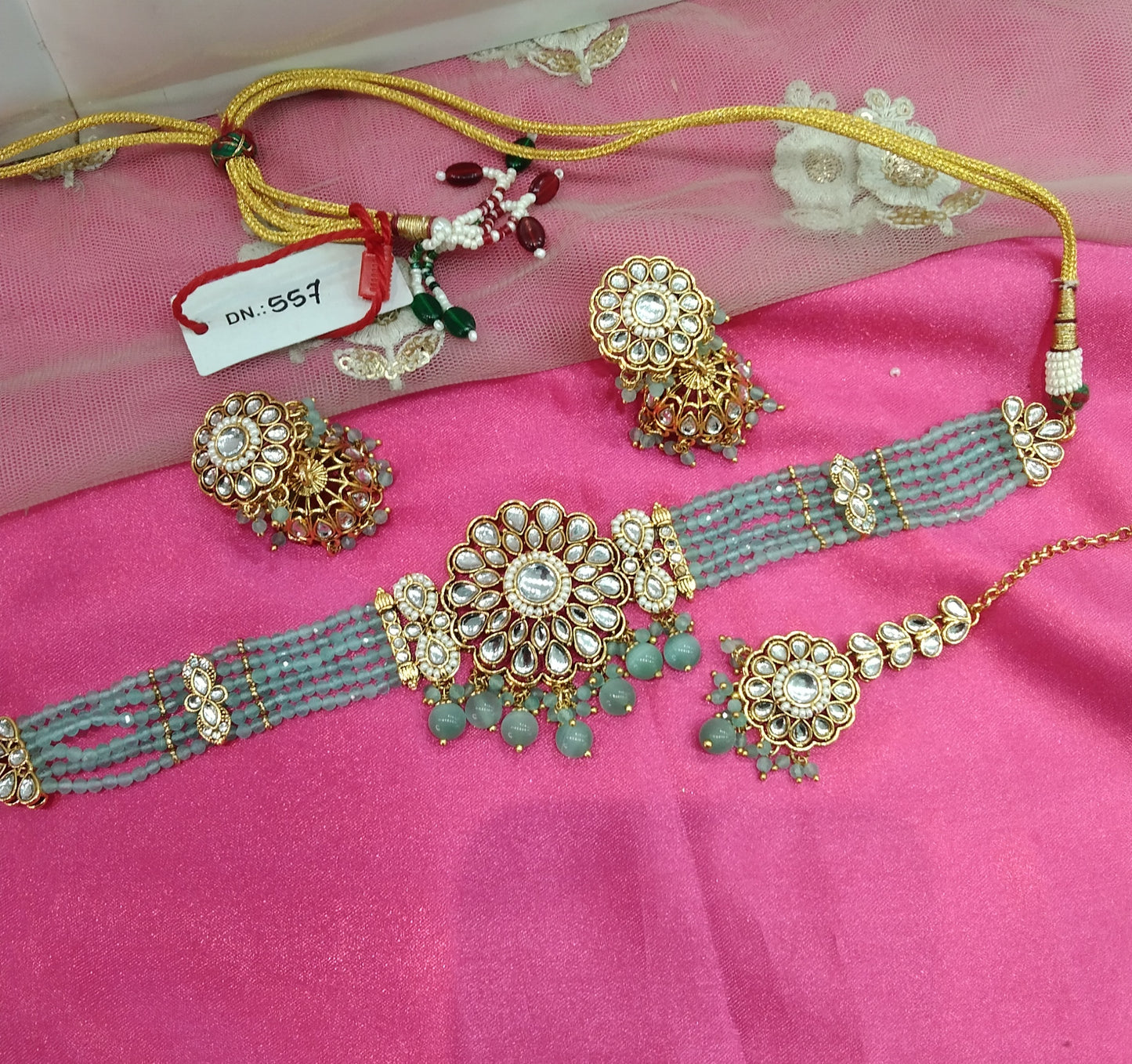 Sea Green Kundan Choker Jhumka Jewellery Setin Set