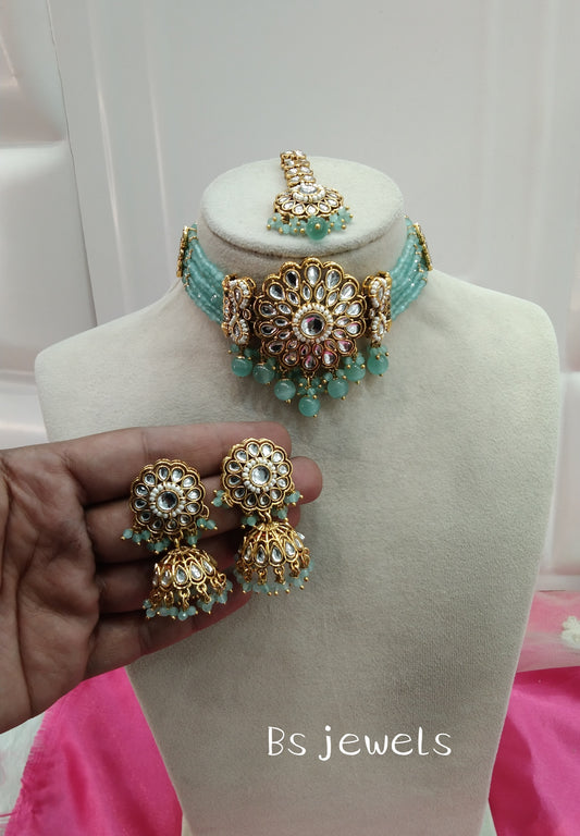 Sea Green Kundan Choker Jhumka Jewellery Setin Set