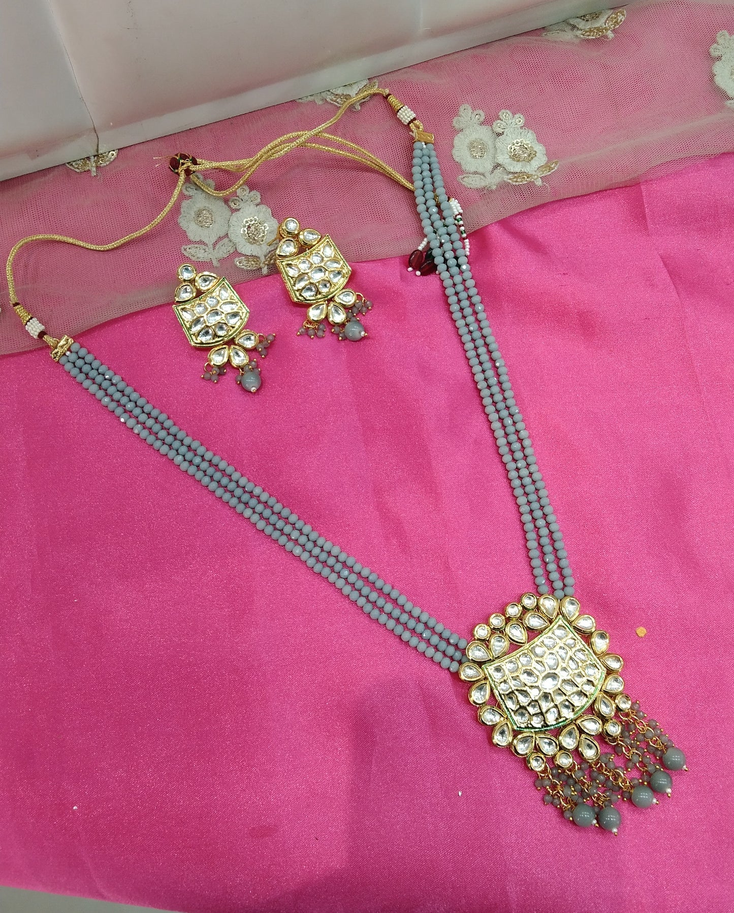 Grey Kundan Long Ranihaar Necklace Jewellery Singh Set
