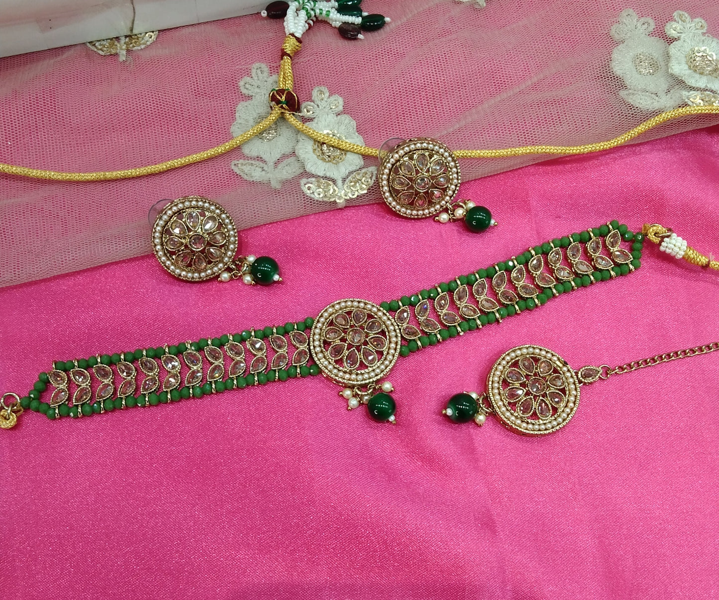 Green Champagne Stone Choker Jewellery Sanjay Set