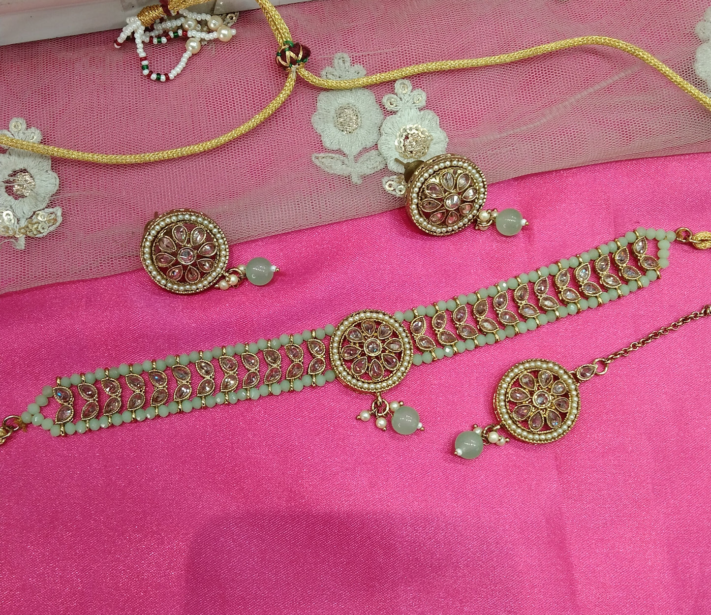 Pista Champagne Stone Choker Jewellery Sanjay Set