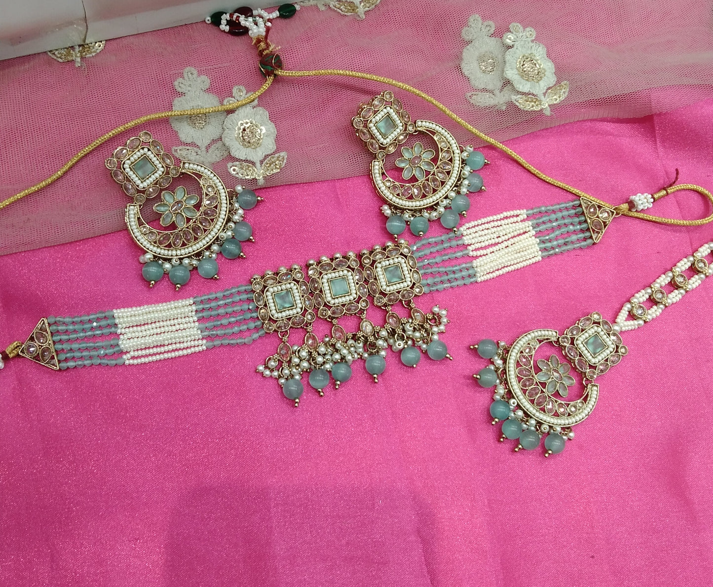 Sea Green Champagne Stone Choker Jewellery  Nisha Set